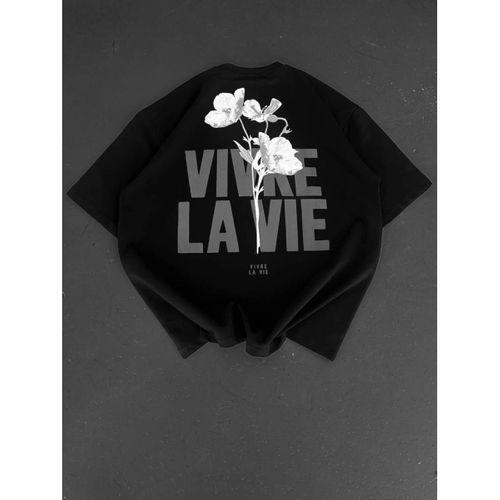 Baskılı Oversize Bisiklet Yaka T-shirt - Siyah