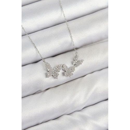Pirinç Zirkon Taşlı Kelebek Model Gümüş Renk Kadın Kolye