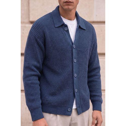 Palermo Oversize Selanik Örgü Düğmeli Erkek Triko Hırka - İndigo