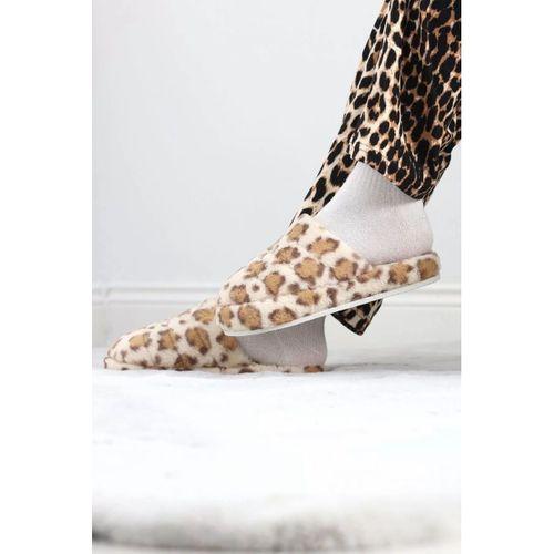 pilelistore Leopar Desenli Peluş Terlik Sütlükahve