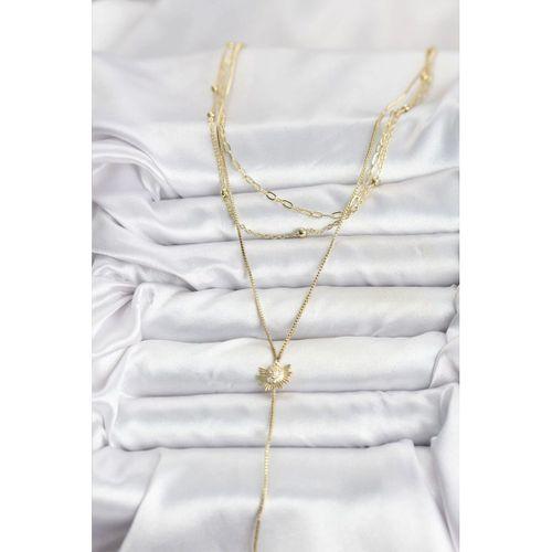 Pirinç Gold Renk Zirkon Taşlı Güneş Model Detaylı 3'lü Kombin Y Kadın Kolye