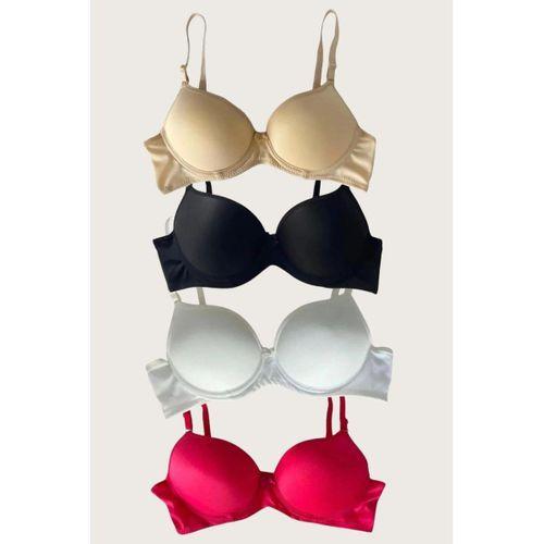 Siyah-beyaz-kırmızı-ten 4'lü Dolgulu Push Up Micro Balenli Günlük Tek Destekli Sütyen