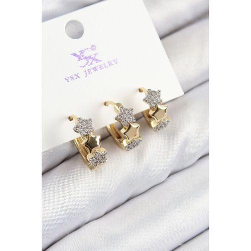 Pirinç Zirkon Taşlı 3'lü Halka Yıldız Model Gold Ve Gümüş Renk Kadın Küpe