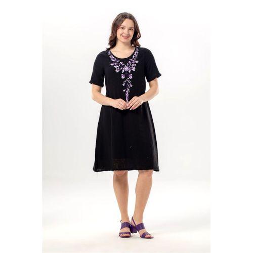 Kısa Kol Lidya Bisiklet Yaka Nakışlı Yazlık Kısa Müslin Elbise Siyah Syh