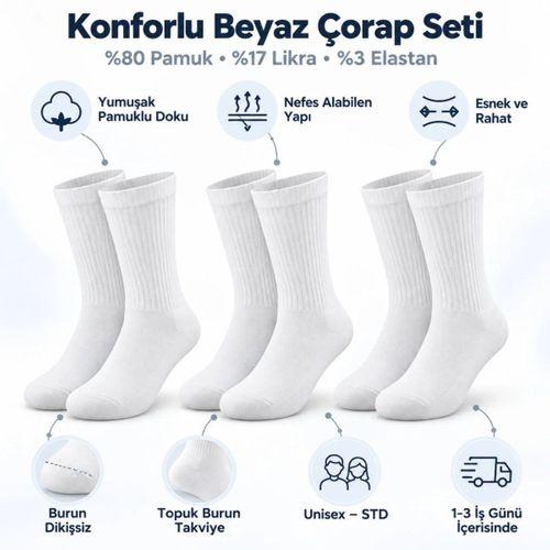 Unisex Basic Siyah Beyaz Soket Çorap 6'lı Set Kadın Erkek Spor Günlük Uzun Ribanalı Rahat Çorap Set