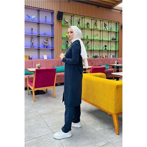 Kapşonlu Düğmeli Sade Basic Uzun Tunik ve Pantolon İkili Spor Takım - 03072.015 - Lacivert