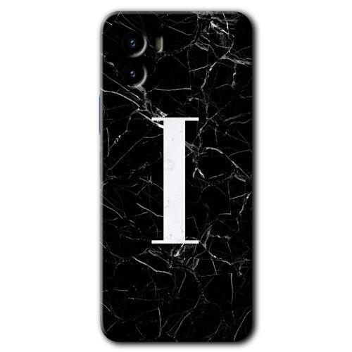 Vivo Y15s Kılıf HD Desen Baskılı Arka Kapak + Temperli Cam - Siyah Mermer Desenli I Harfi