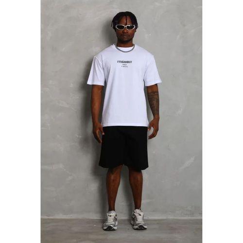 Unisex Oversize Baskılı Bisiklet Yaka T-Shirt - Beyaz