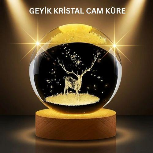 Led Işıklı Geyikli Kristal Küre Ahşap Standlı Modern Dekor Lamba
