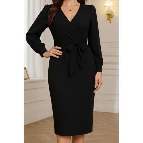 Kadın Uzun Kollu Kruvaze Yaka Belden Kuşaklı Midi Ithal Krep Elbise