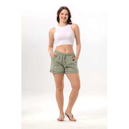 Beli Lastikli Cunda Çift Cepli Yazlık Nakışlı Müslin Mini Şort Zeytin Yeşili Zytnysl