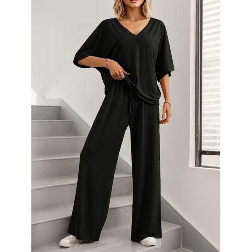 Kadın Kısa Kollu V Yakalı Viskon Bluz Ve Pantolon Ikili Takım