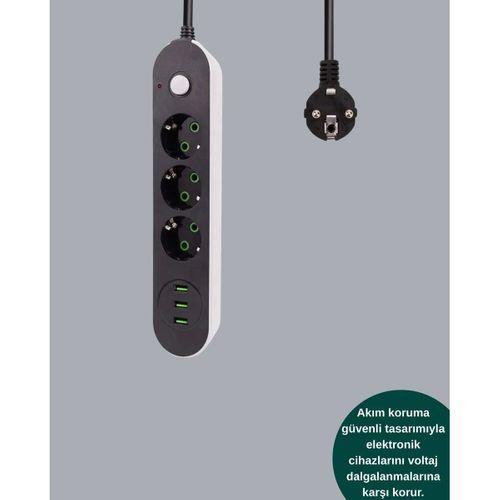 Hızlı Şarj Özellikli 3 Usb Girişli Üçlü Priz