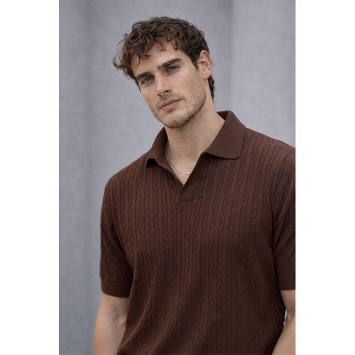 Nestor Saç Örgü Desenli Polo Yaka Regular Fit Örme İnce Triko Erkek T-Shirt - Kahve