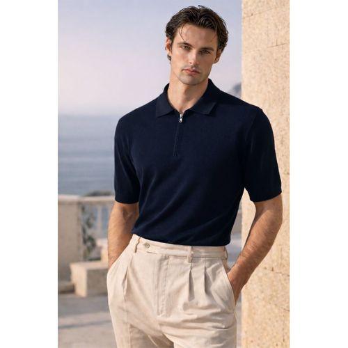 Linus Fermuarlı Polo Yaka Kısa Kollu İnce Triko Erkek T-Shirt - Lacivert