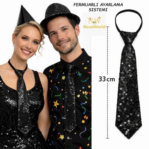 Siyah Renk Pul Payetli Işıltılı Parti Kravatı 33 cm