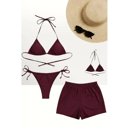 Bordo 3’lü Bikini Takımı Şortlu Yandan Bağlamalı Üçgen Üst Esnek Kadın Mayo