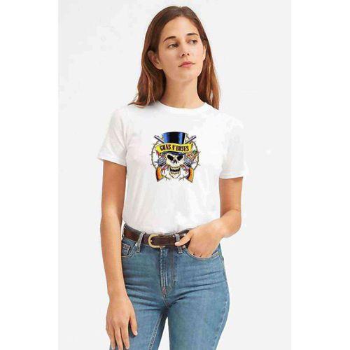 Guns'n Roses Kuru Kafa Silah Gül Baskılı Beyaz Kadın Tshirt