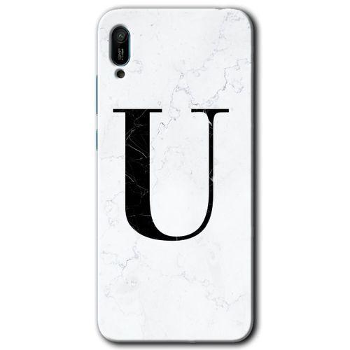 Potkal Hediye Fabrikası Huawei Y6 2019 HD Baskılı Kılıf + 9D Tam Ekran Koruyucu - Beyaz Mermer Desenli U Harfi