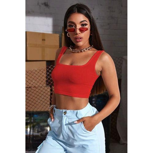 Kadın Kırmızı Kalın Askılı Crop Top Büstiyer Esnek Kumaş Şık Basic Kadın Üst Giyim