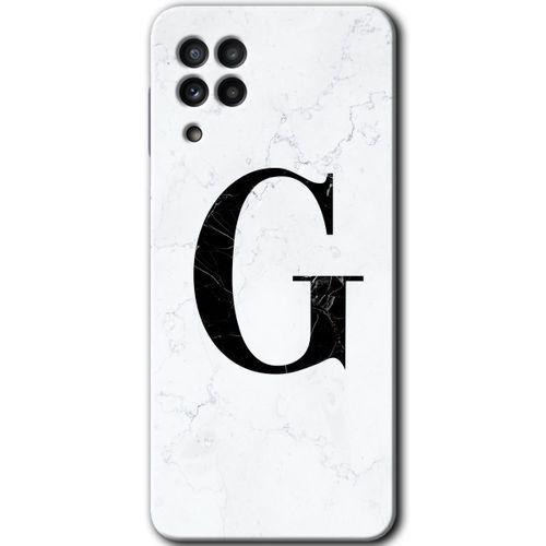 Samsung Galaxy M22 Kılıf Baskılı Kapak - Beyaz Mermer Desenli G Harfi + 5D Tam Kaplayan Cam