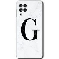 Samsung Galaxy M22 Kılıf Baskılı Kapak - Beyaz Mermer Desenli G Harfi + 5D Tam Kaplayan Cam