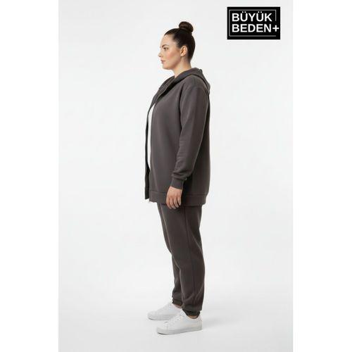 Kadın Büyük Beden Fermuarlı Kapüşonlu Sweatshirt Hırka - Rahat Kalıp SPR26BHR960
