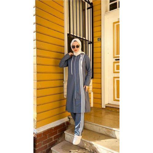 Fermuarlı Kapşonlu Uzun Tunik Pantolon İkili Tesettür Eşofman Takımı - 03077.006 - İndigo