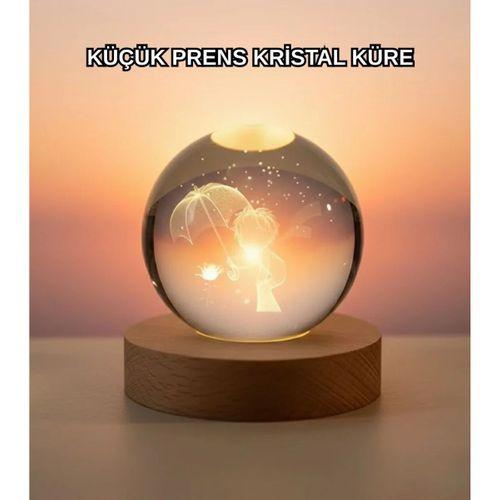 Masif Ahşap Standlı 3d Küçük Prens Kristal Top Usb Gece Lambası Sıcak Işık