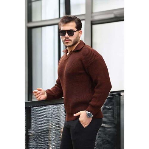 Oversize Gömlek Polo Yaka Selanik Örgülü Erkek Triko Kazak - Kahve