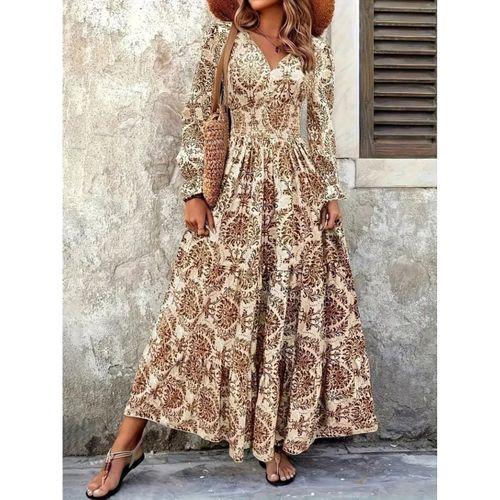 Kadın Uzun Kollu V Yakalı Desenli Süprem Elbise