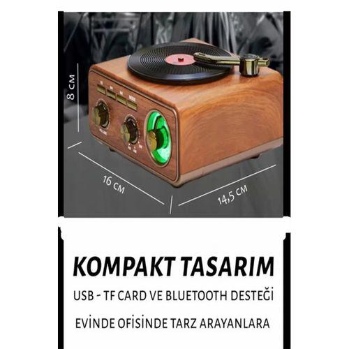Nostaljik Tasarım Plak Çalar Görünümlü Radyolu Bluetooth Hoparlör Retro Müzik Plak Açık Kahverengi