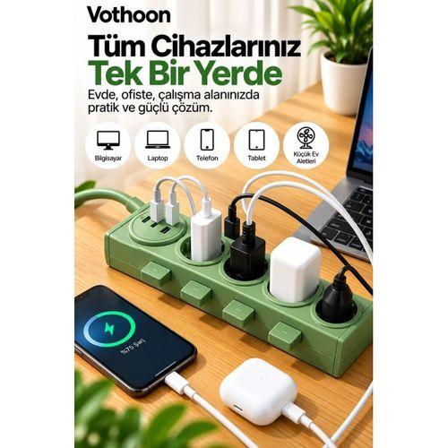 4’lü Akıllı Priz Tek Dokunuşla Fiş Çıkarma 2 Metre Kablo 2 Type-c + Usb 15w Hızlı Şarj 3680w