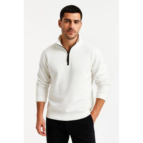 Erkek Dik Yaka Sweatshirt Dik Yaka Yarım Fermuarlı 3 İplik Şardonlu Pamuk Kumaş - Beyaz