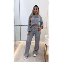 Kadın Uzun Kollu Balıkçı Yaka Kısa Triko Bluz Ve Pantolon Ikili Takım