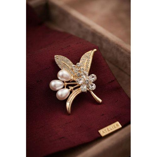 Gold Renk İncili Zirkon Taşlı Yaprak Model Broş