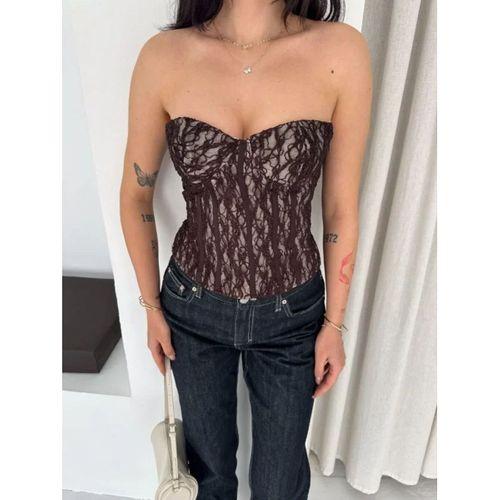 Fermuarlı Dantel Korse Straplez Bustiyer Transparan Şık Top - Kahverengi