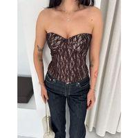 Fermuarlı Dantel Korse Straplez Bustiyer Transparan Şık Top - Kahverengi