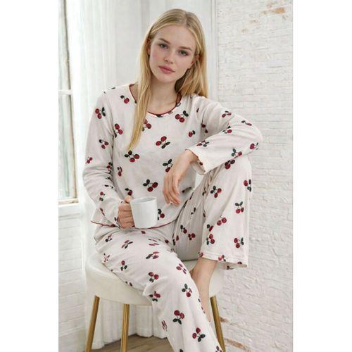 Kadın Uzun Kollu Bisiklet Yaka Desenli Burgu Bluz Ve Pijama Ikili Takım