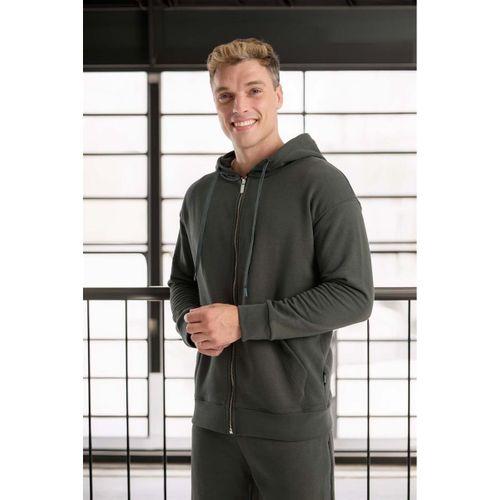 Haneke Regular Kalıp Diagonal 3 İplik Fermuarlı Kapüşonlu Erkek Sweatshirt - Çam Yeşili