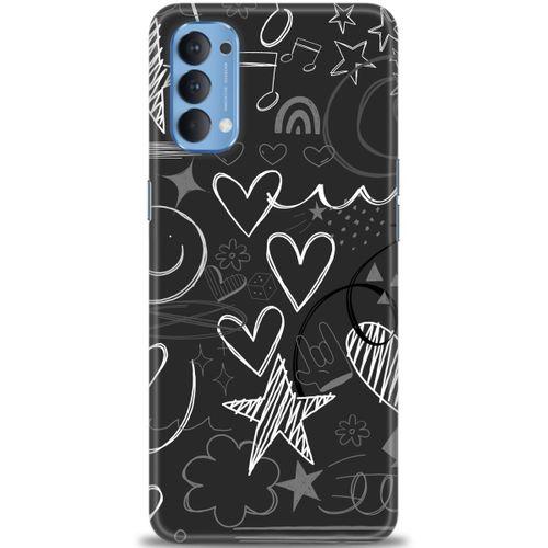 Oppo Reno 4 Kılıf HD Baskılı Kılıf - Siyah Kalp ve Notalar + Tam Ekran Koruyucu