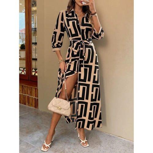 Kadın Uzun Kollu Yakalı önden Düğmeli Uzun Süprem Elbise