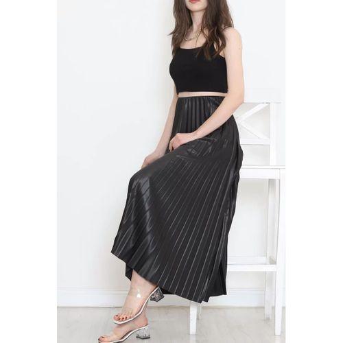 Zarif Ve Modern Pileli Parlak Krep Gizli Lastikli Siyah Etek