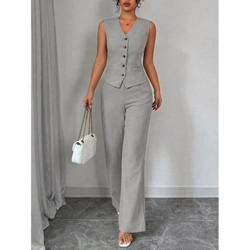 Kadın Askılı önden Düğmeli Bluz Ve Pantolon Keten Ikili Takım