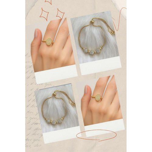 2'Lİ Set - Zirkon Taşlı Üçlü Asansör Bileklik, Oval Motif Zirkon Ayarlanabilir Yüzük SNJ-SET1002