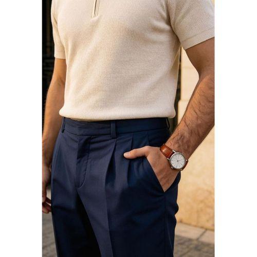 Jeff Selanik Örgü Polo Yaka Yarım Fermuarlı İnce Triko Erkek T-Shirt - Bej