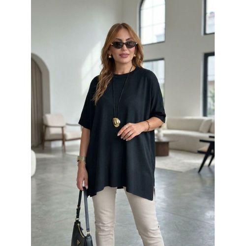 Kadın Bisiklet Yaka Kısa Yarasa Kollu Yanları Yırtmaçlı Oversize Dökümlü Merserize Bluz
