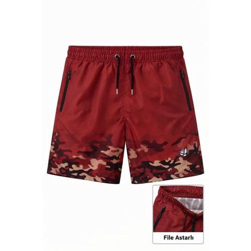 Erkek Deniz Şortu Fermuarlı Cepli File Astarlı Hızlı Kuruyan Premium - Kırmızı