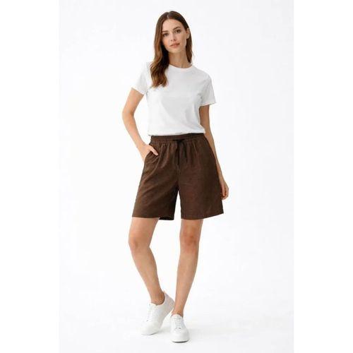 Keten Kumaş Cepli Rahat Kesim Bel Lastikli Şort - Kahverengi