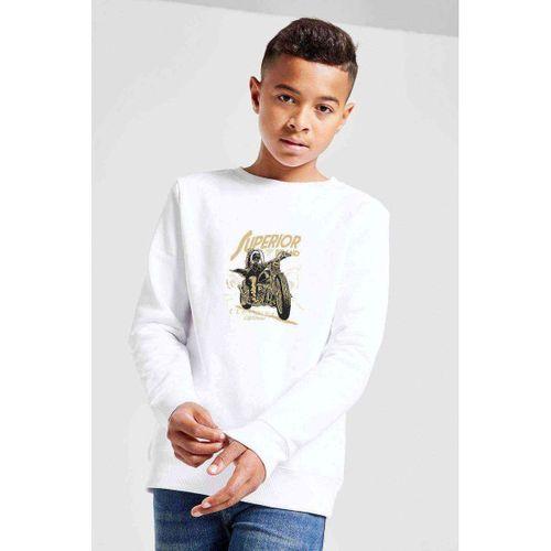 Superior Motorsiklet Baskılı Unisex Çocuk Beyaz Sweatshirt
